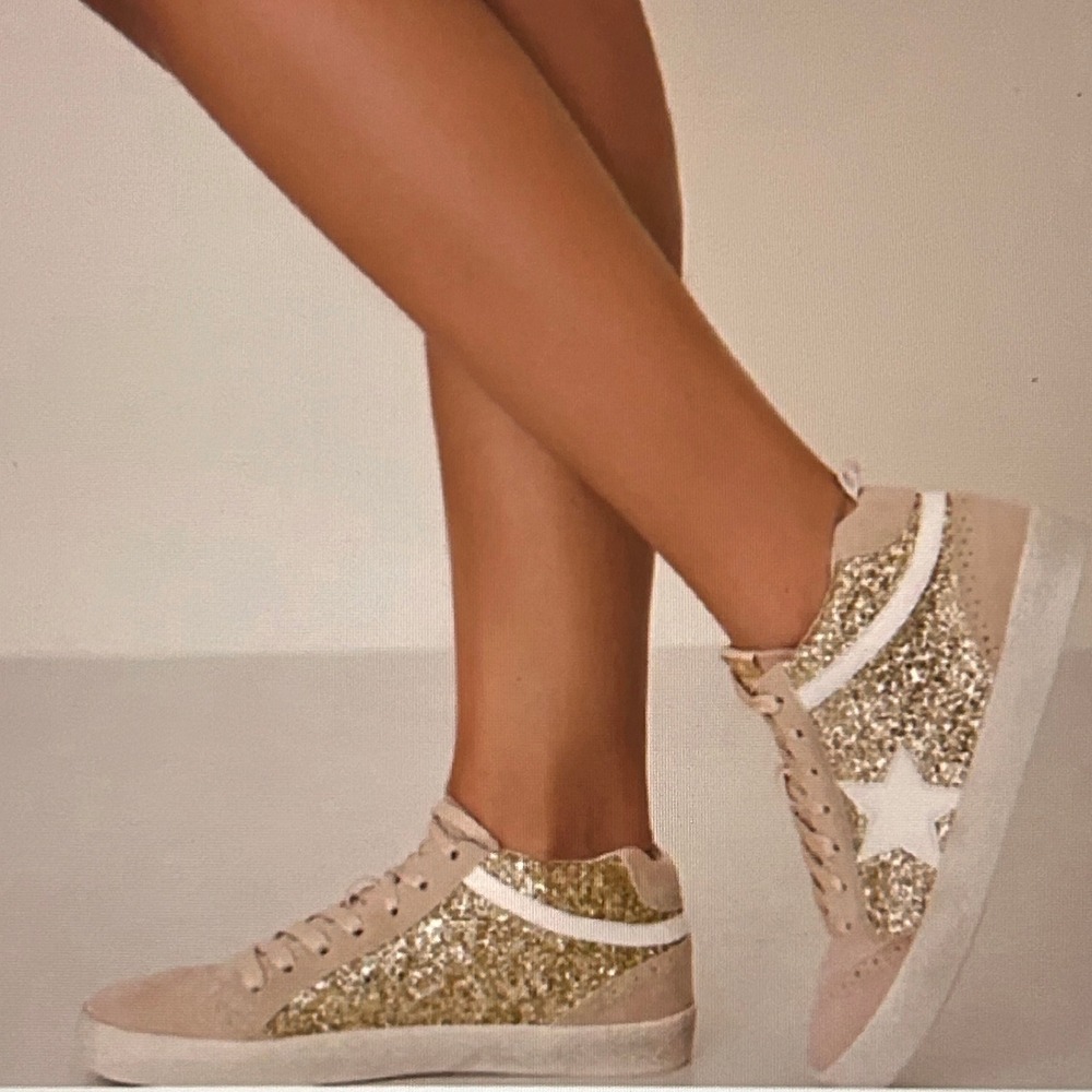 Mi.iM Daisy Light Gold (Pink Star) Lace-up Glitter Suede Mid Star Sneakers - 7.5